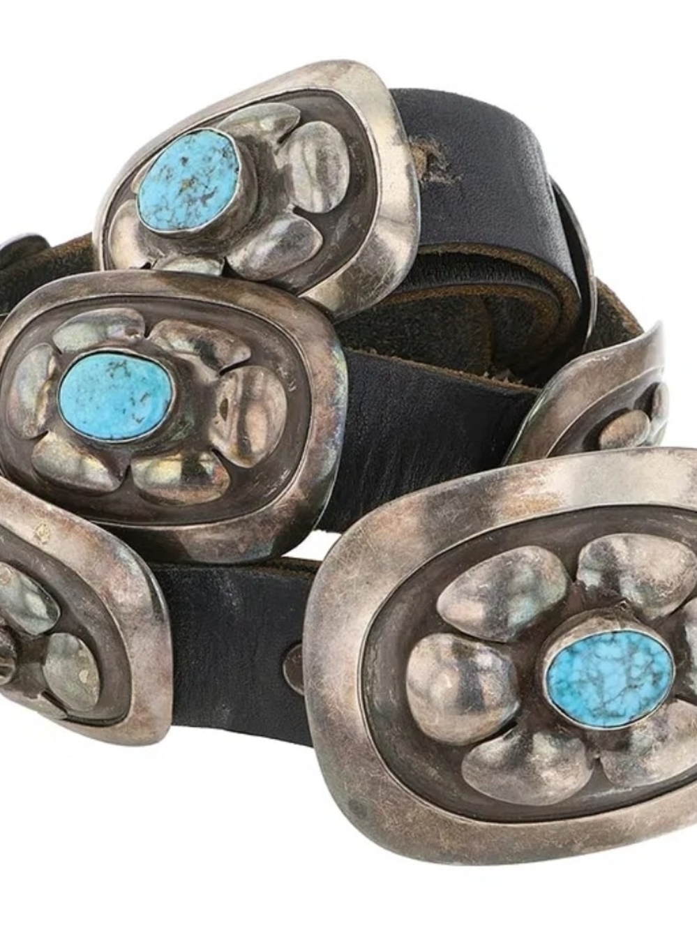 Vintage Black Leather Concho Belt with Turquoise Stones
